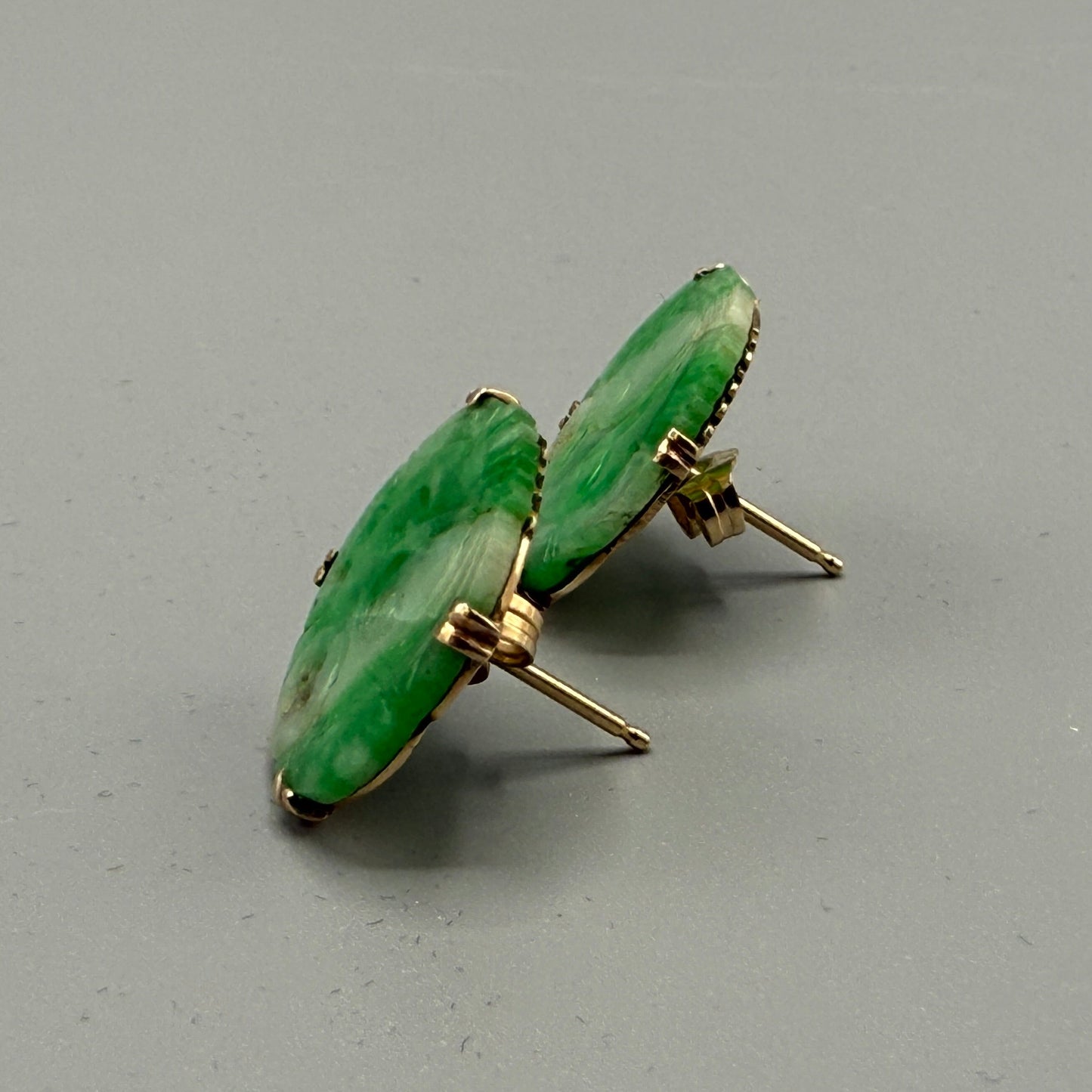 Estate Certified Jadeite Carved Pendants with 14kt Gold Bezels Earrings