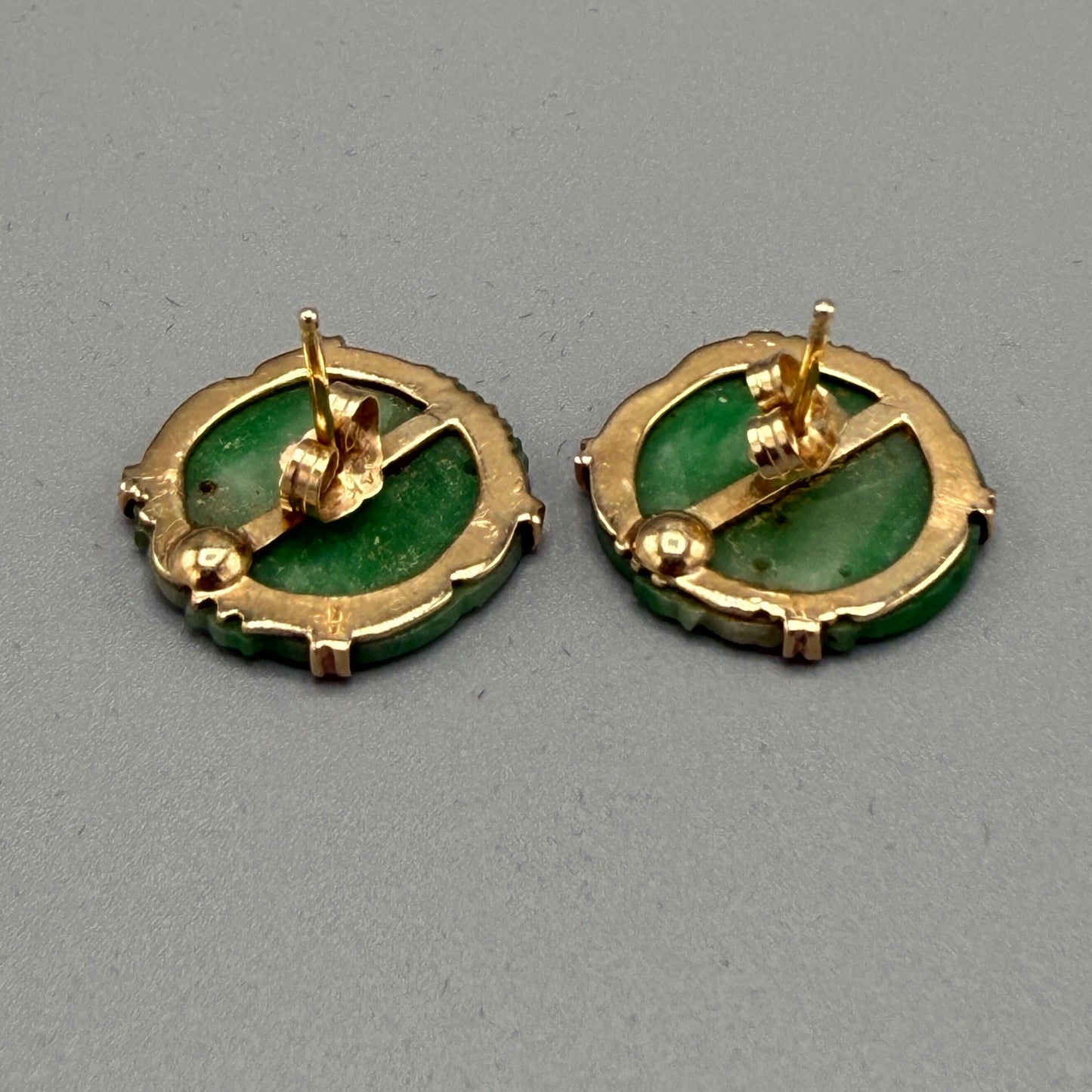 Estate Certified Jadeite Carved Pendants with 14kt Gold Bezels Earrings