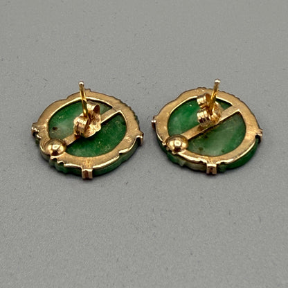 Estate Certified Jadeite Carved Pendants with 14kt Gold Bezels Earrings