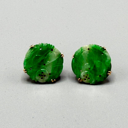 Estate Certified Jadeite Carved Pendants with 14kt Gold Bezels Earrings