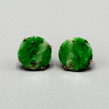 Estate Certified Jadeite Carved Pendants with 14kt Gold Bezels Earrings
