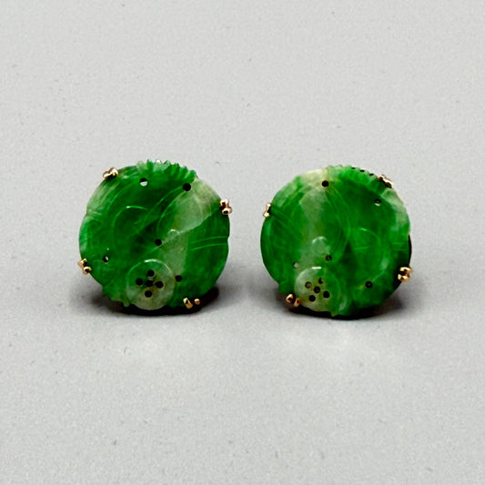 Estate Certified Jadeite Carved Pendants with 14kt Gold Bezels Earrings