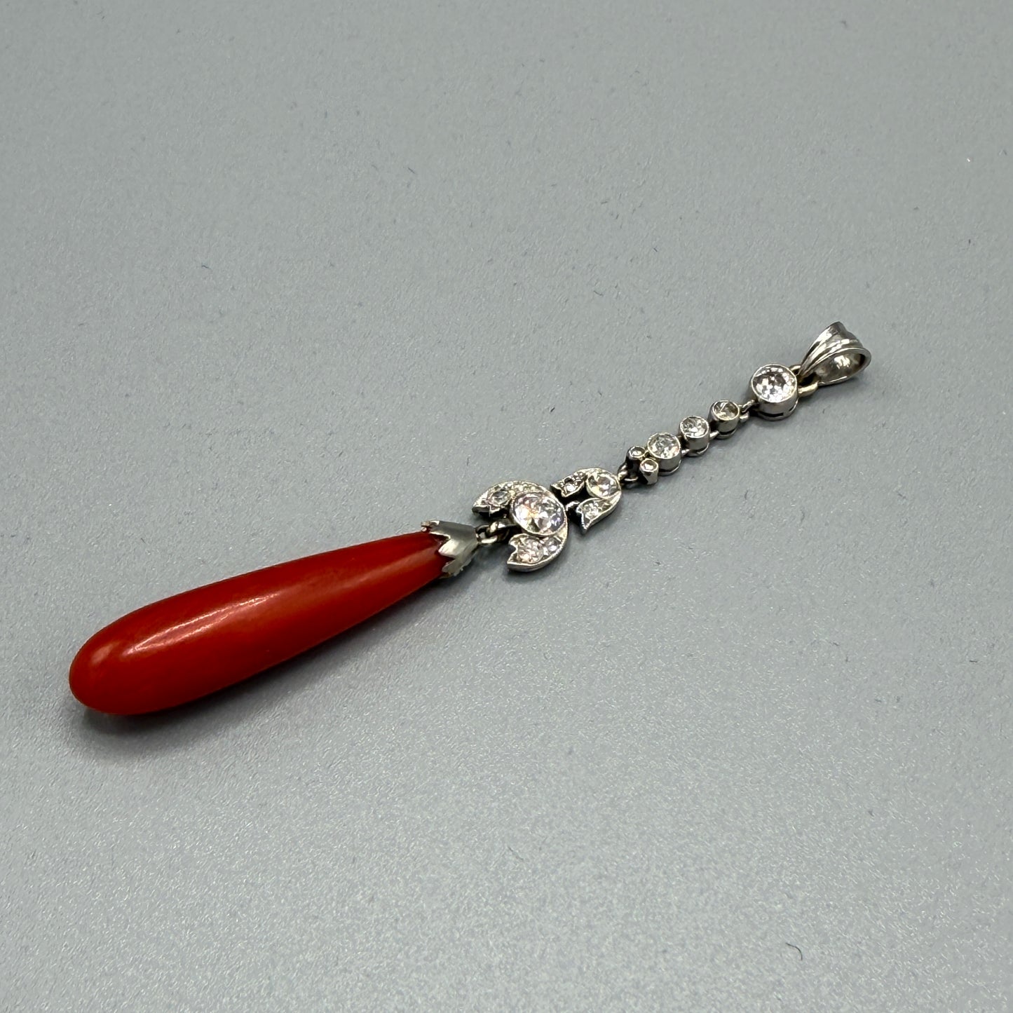 Estate Coral Pendant Edwardian with European Diamonds in Platinum
