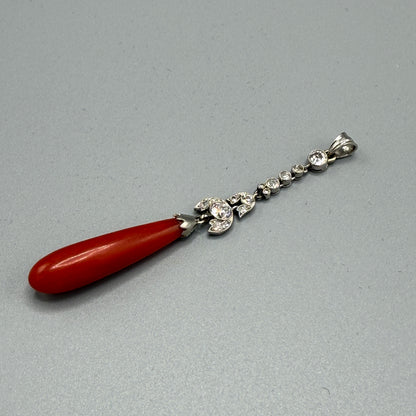 Estate Coral Pendant Edwardian with European Diamonds in Platinum