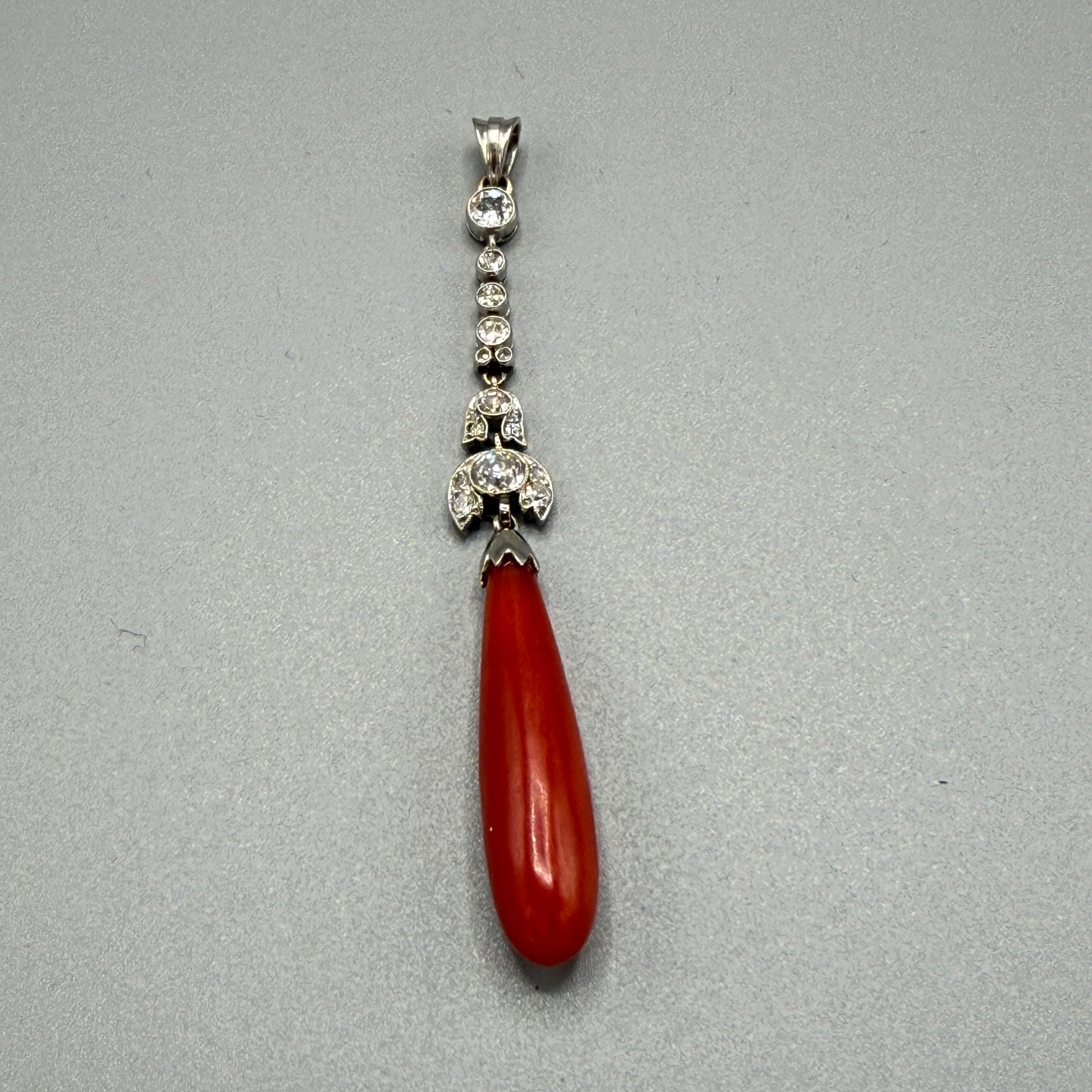 Estate Coral Pendant Edwardian with European Diamonds in Platinum