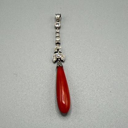 Estate Coral Pendant Edwardian with European Diamonds in Platinum