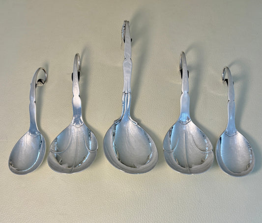 Estate Georg Jensen Sterling Silver Ornamental Serving Spoons Set of 5 in a Fitted Box No 21 & No 141