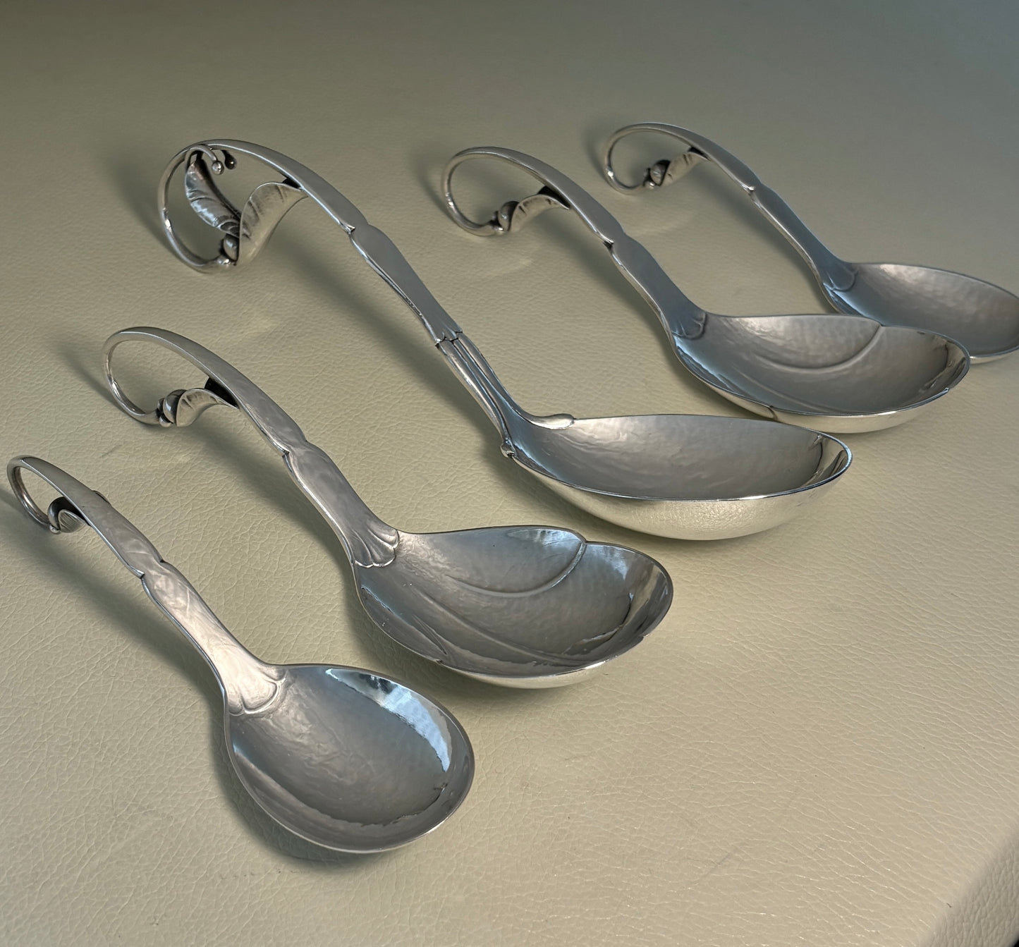 Estate Georg Jensen Sterling Silver Ornamental Serving Spoons Set of 5 in a Fitted Box No 21 & No 141