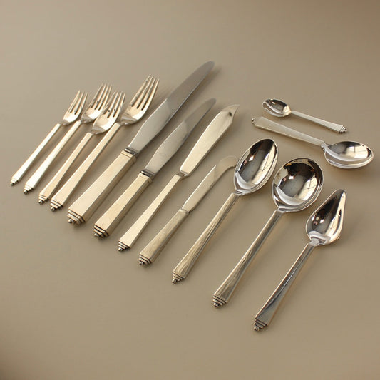 Georg Jensen Sterling Silver Complete Set of 12  In the ''Pyramid'' Pattern by Harald Nielsen