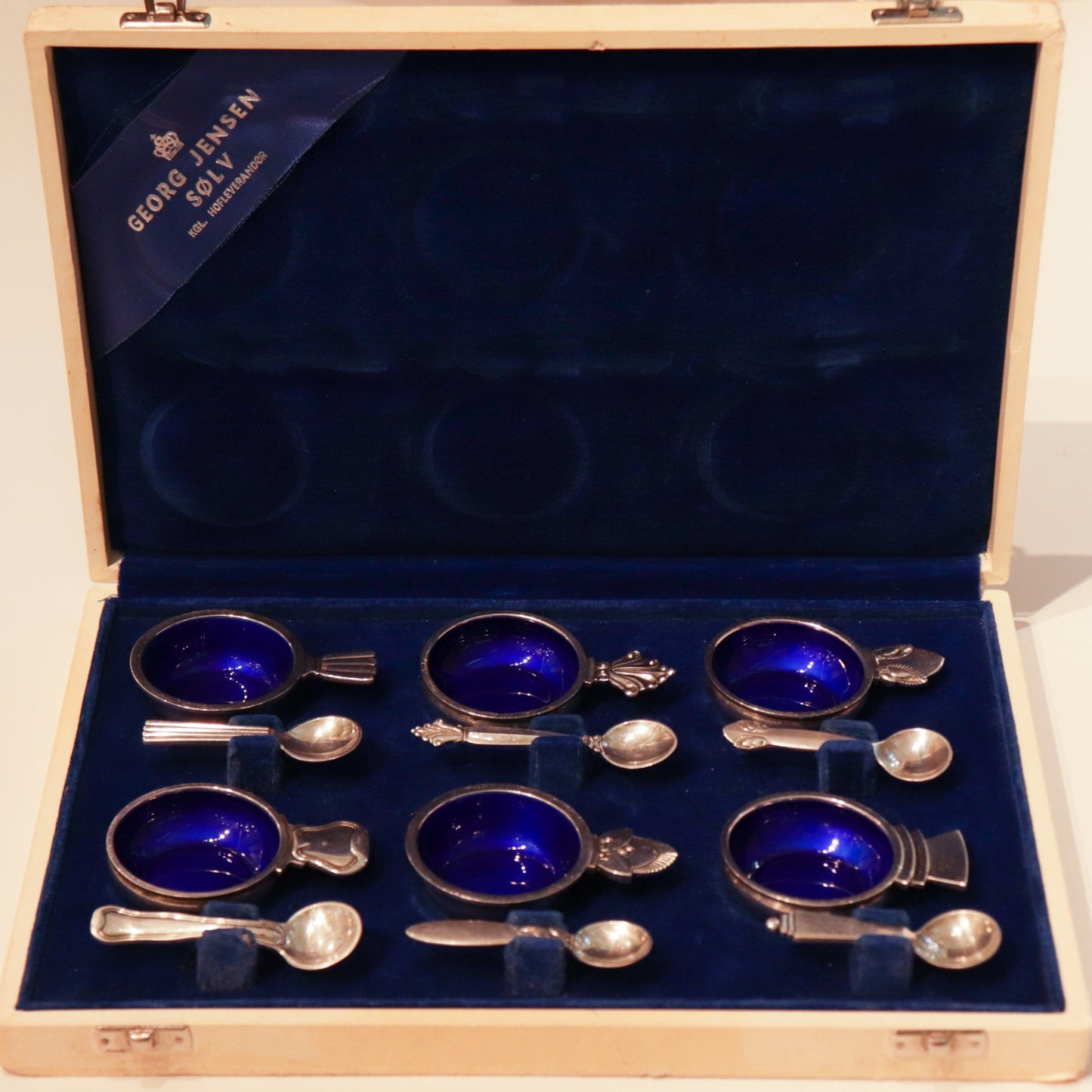 Estate Georg Jensen Sterling and Blue Enamel Salt Cellars with Spoons