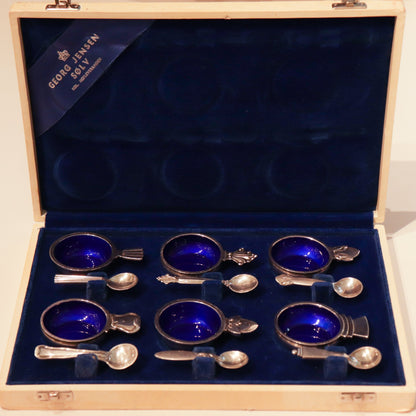 Estate Georg Jensen Sterling and Blue Enamel Salt Cellars with Spoons