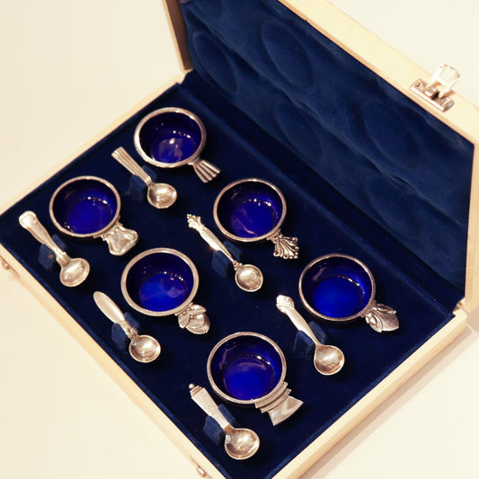 Estate Georg Jensen Sterling and Blue Enamel Salt Cellars with Spoons