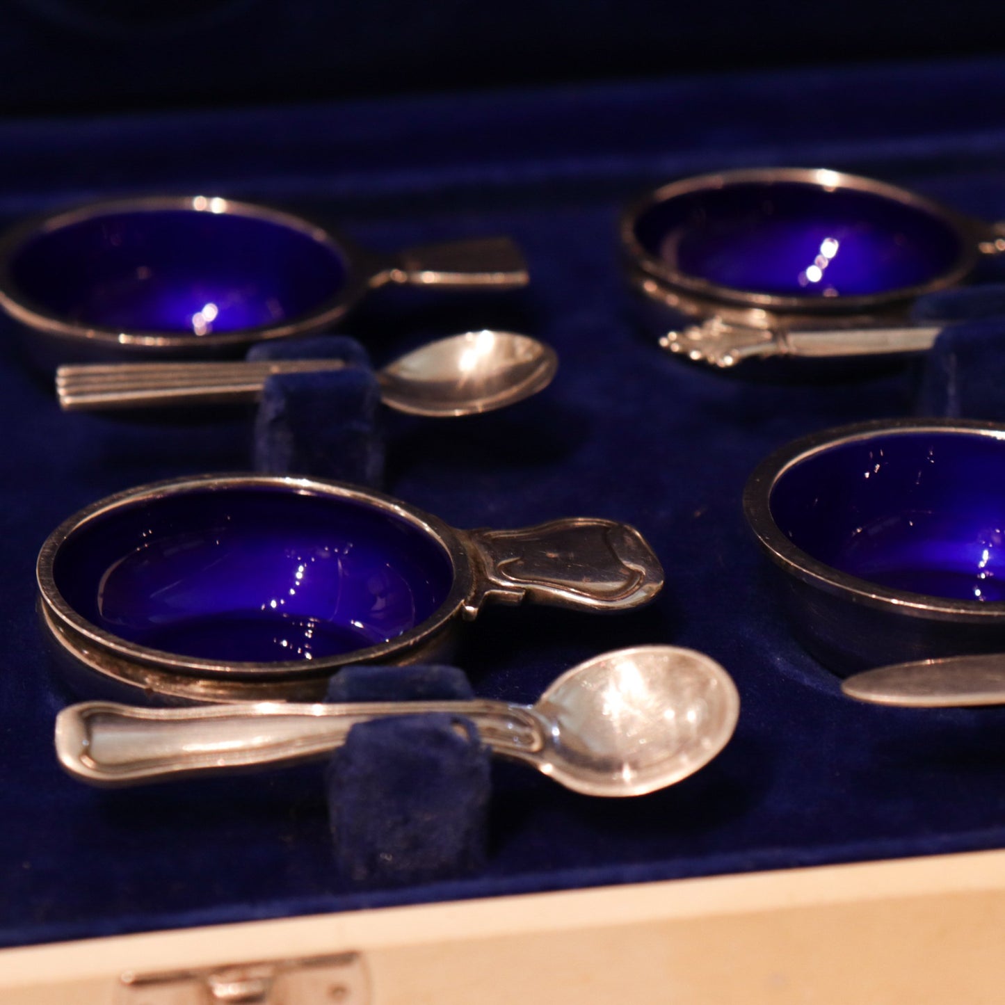 Estate Georg Jensen Sterling and Blue Enamel Salt Cellars with Spoons