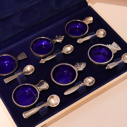 Estate Georg Jensen Sterling and Blue Enamel Salt Cellars with Spoons