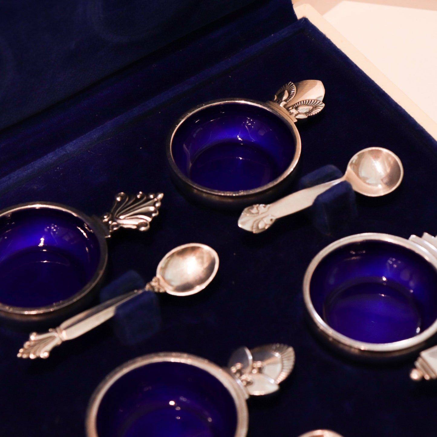 Estate Georg Jensen Sterling and Blue Enamel Salt Cellars with Spoons