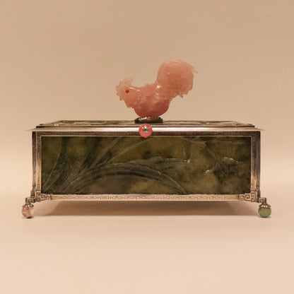 Edward Farmer Sterling Silver Dresser Box with Carved Antique Green Jade Panels & Carved Rose Quartz Rooster Finial