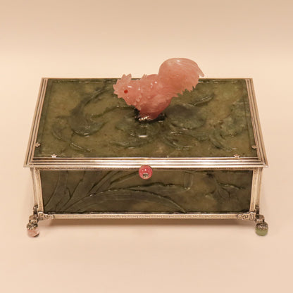 Edward Farmer Sterling Silver Dresser Box with Carved Antique Green Jade Panels & Carved Rose Quartz Rooster Finial