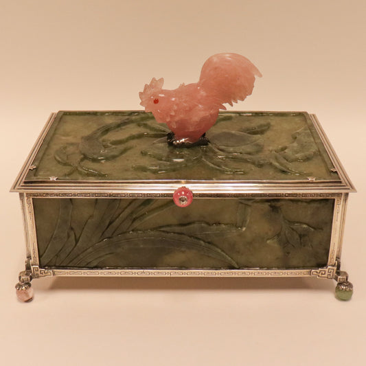 Edward Farmer Sterling Silver Dresser Box with Carved Antique Green Jade Panels & Carved Rose Quartz Rooster Finial