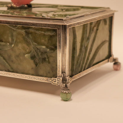 Edward Farmer Sterling Silver Dresser Box with Carved Antique Green Jade Panels & Carved Rose Quartz Rooster Finial