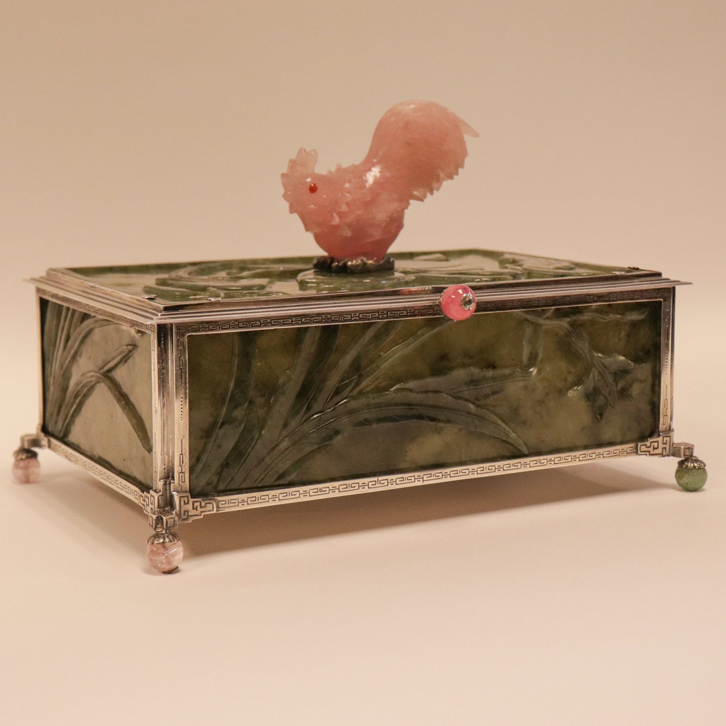 Edward Farmer Sterling Silver Dresser Box with Carved Antique Green Jade Panels & Carved Rose Quartz Rooster Finial