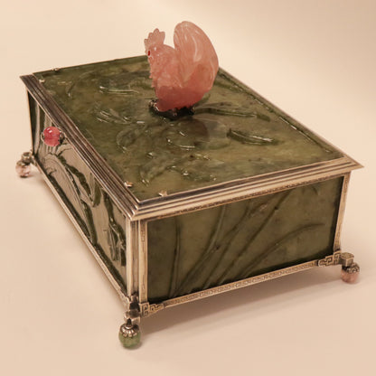 Edward Farmer Sterling Silver Dresser Box with Carved Antique Green Jade Panels & Carved Rose Quartz Rooster Finial