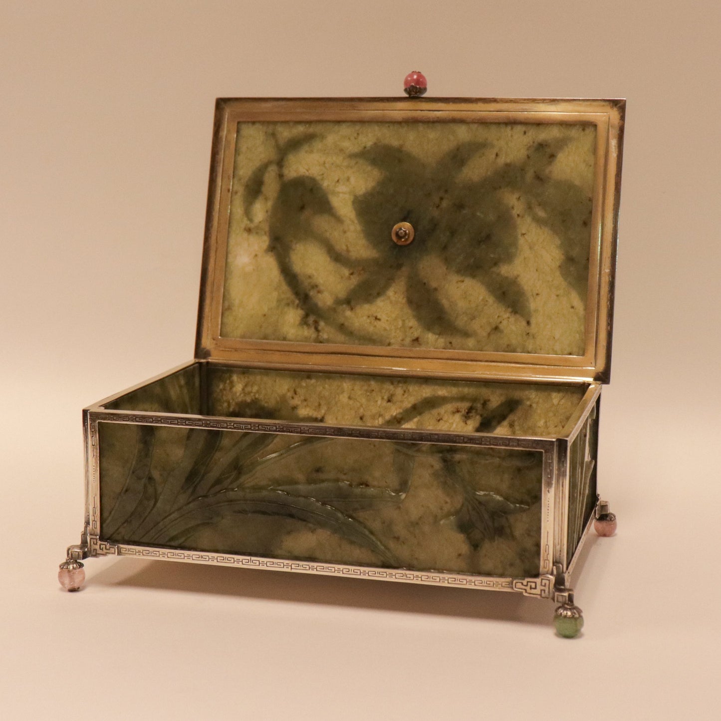 Edward Farmer Sterling Silver Dresser Box with Carved Antique Green Jade Panels & Carved Rose Quartz Rooster Finial