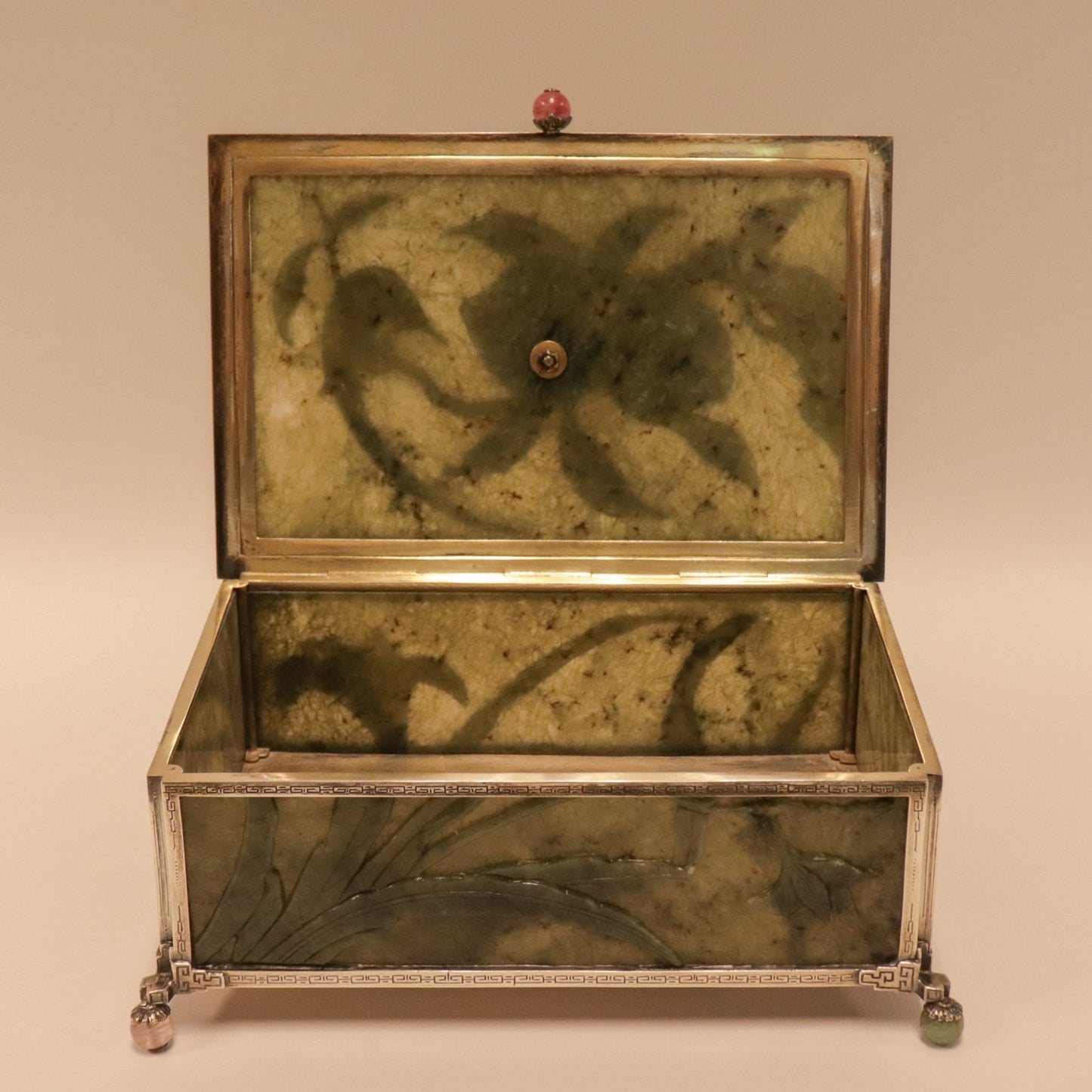 Edward Farmer Sterling Silver Dresser Box with Carved Antique Green Jade Panels & Carved Rose Quartz Rooster Finial