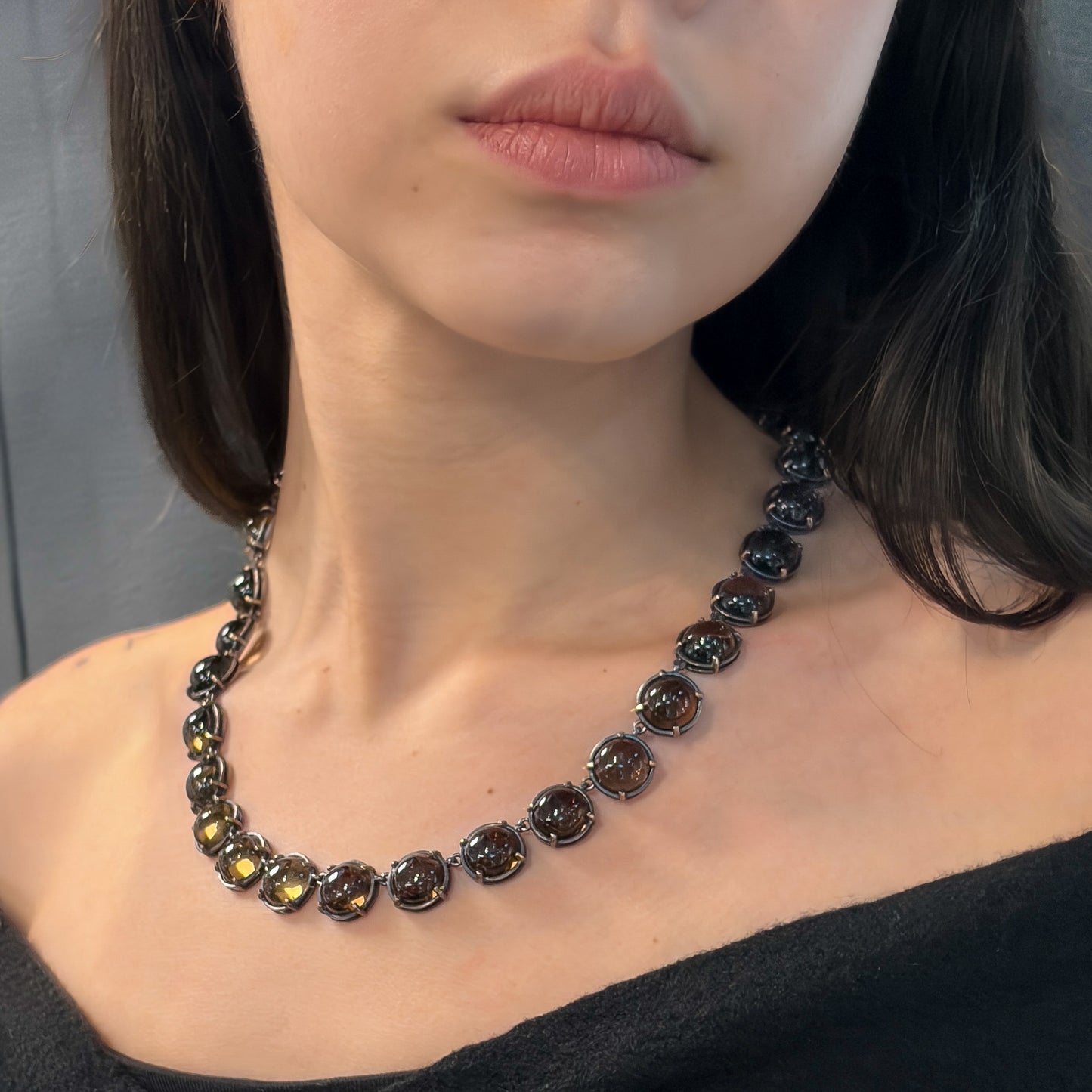 Bottega Venetta Sterling Silver Necklace with Smokey Quartz Cabochons
