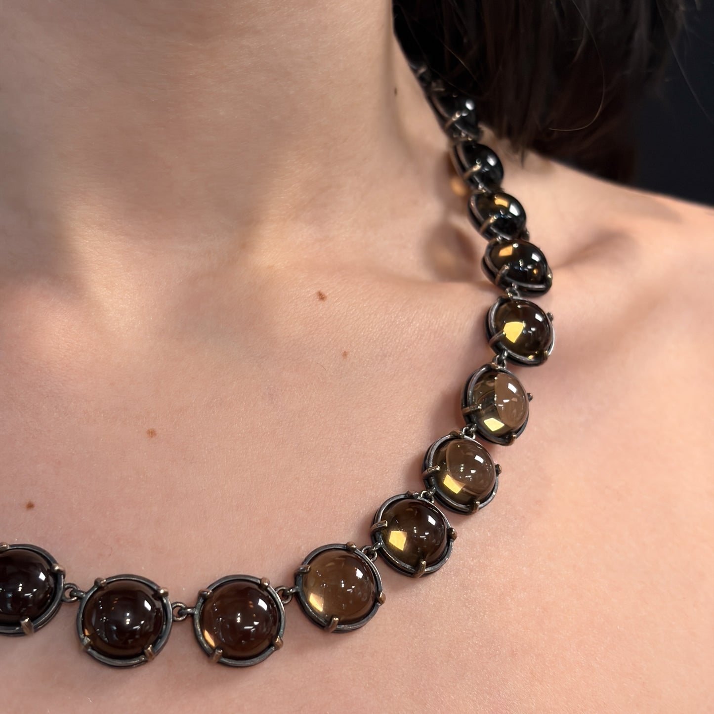 Bottega Venetta Sterling Silver Necklace with Smokey Quartz Cabochons