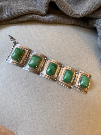 Sterling Silver and Green Stone Panel Bracelet