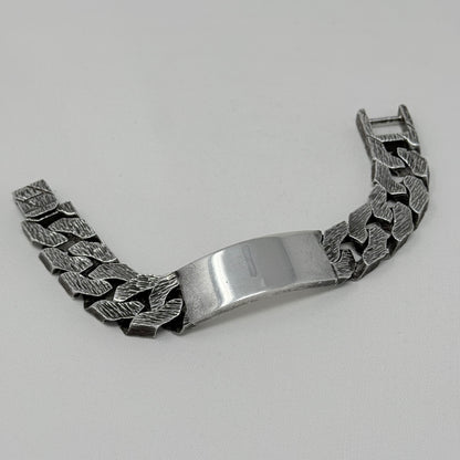 Estate Sterling Silver Men's Identity Solid Hand Tooled Bark Texture Chain Link Bracelet