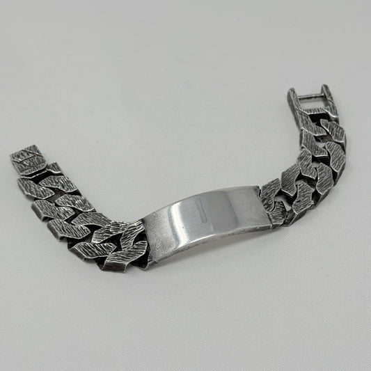 Estate Sterling Silver Men's Identity Solid Hand Tooled Bark Texture Chain Link Bracelet