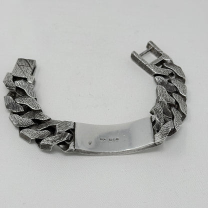 Estate Sterling Silver Men's Identity Solid Hand Tooled Bark Texture Chain Link Bracelet