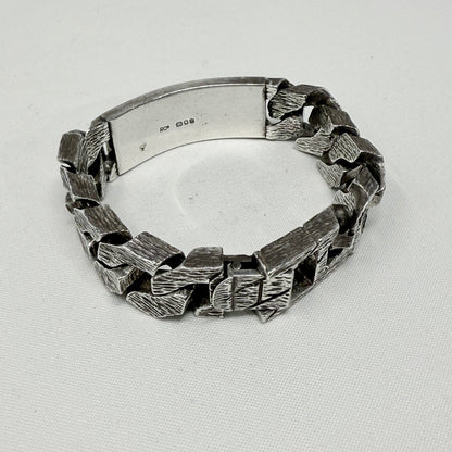 Estate Sterling Silver Men's Identity Solid Hand Tooled Bark Texture Chain Link Bracelet