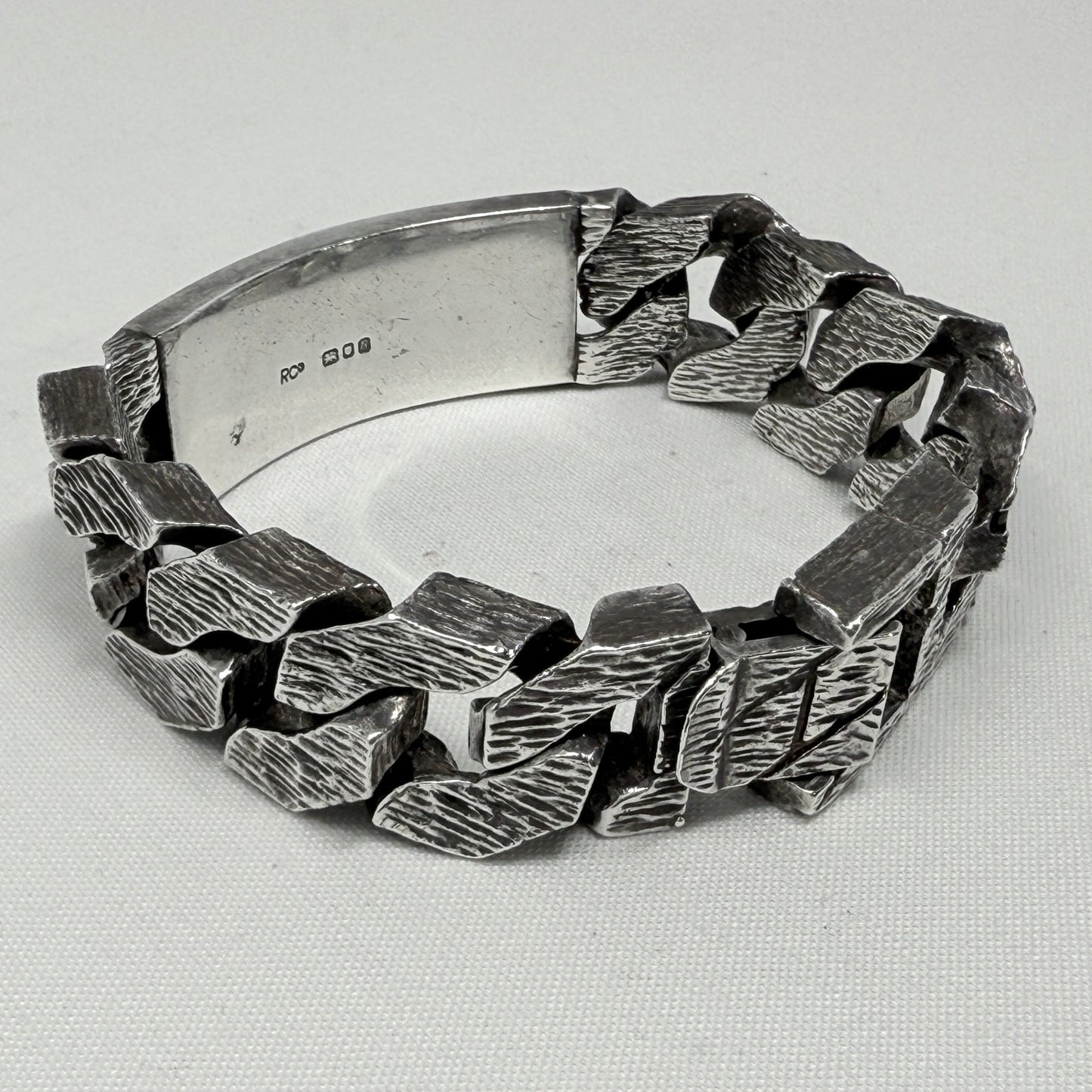 Estate Sterling Silver Men's Identity Solid Hand Tooled Bark Texture Chain Link Bracelet
