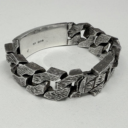 Estate Sterling Silver Men's Identity Solid Hand Tooled Bark Texture Chain Link Bracelet