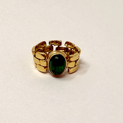 Estate African 18k Yellow Gold Chain Ring with Oval Emerald