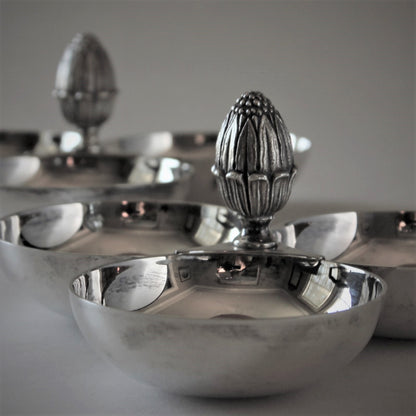 Estate Christofle France Silver Plated "Perles" Pair of Trio-Bowl Snack Dishes