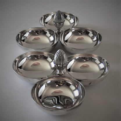 Estate Christofle France Silver Plated "Perles" Pair of Trio-Bowl Snack Dishes