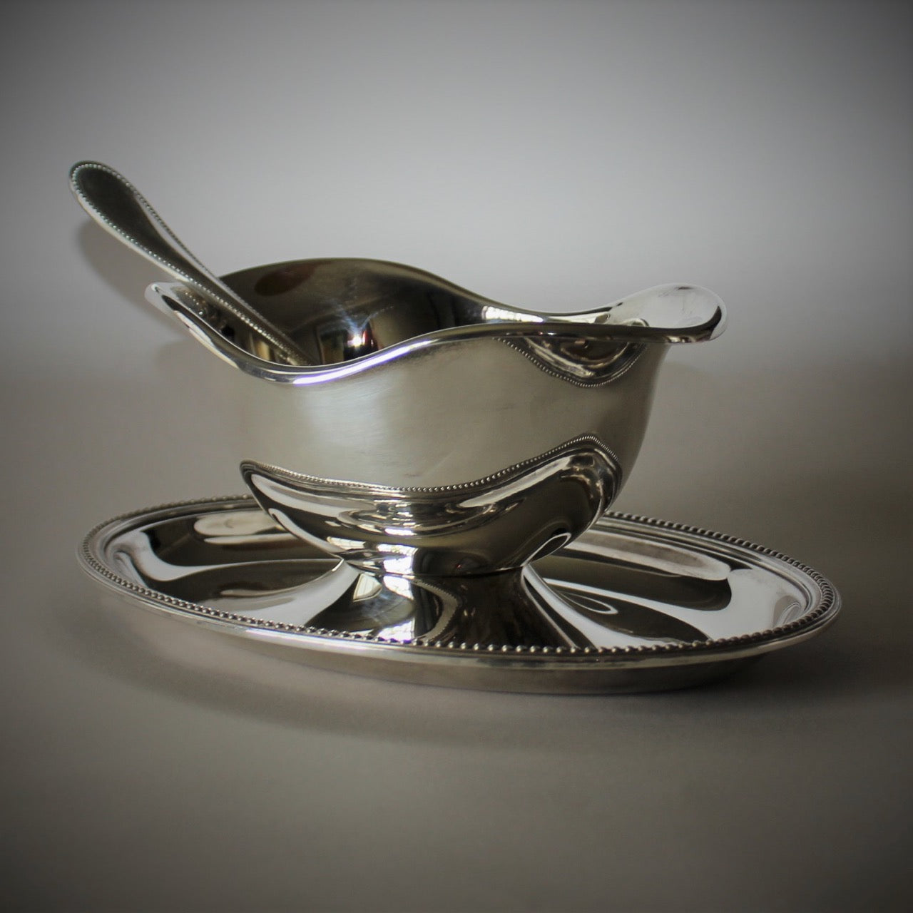 Estate Christofle France Silver Plated "Perles" Oval Sauce Boat