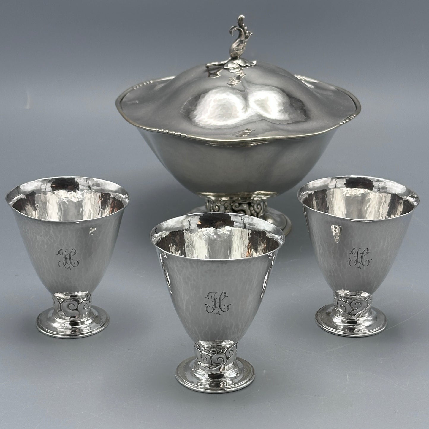 Estate Sterling Silver Serving Tray with Leaf and Beaded Handles and Eight Stemmed Cups by Peer Smed