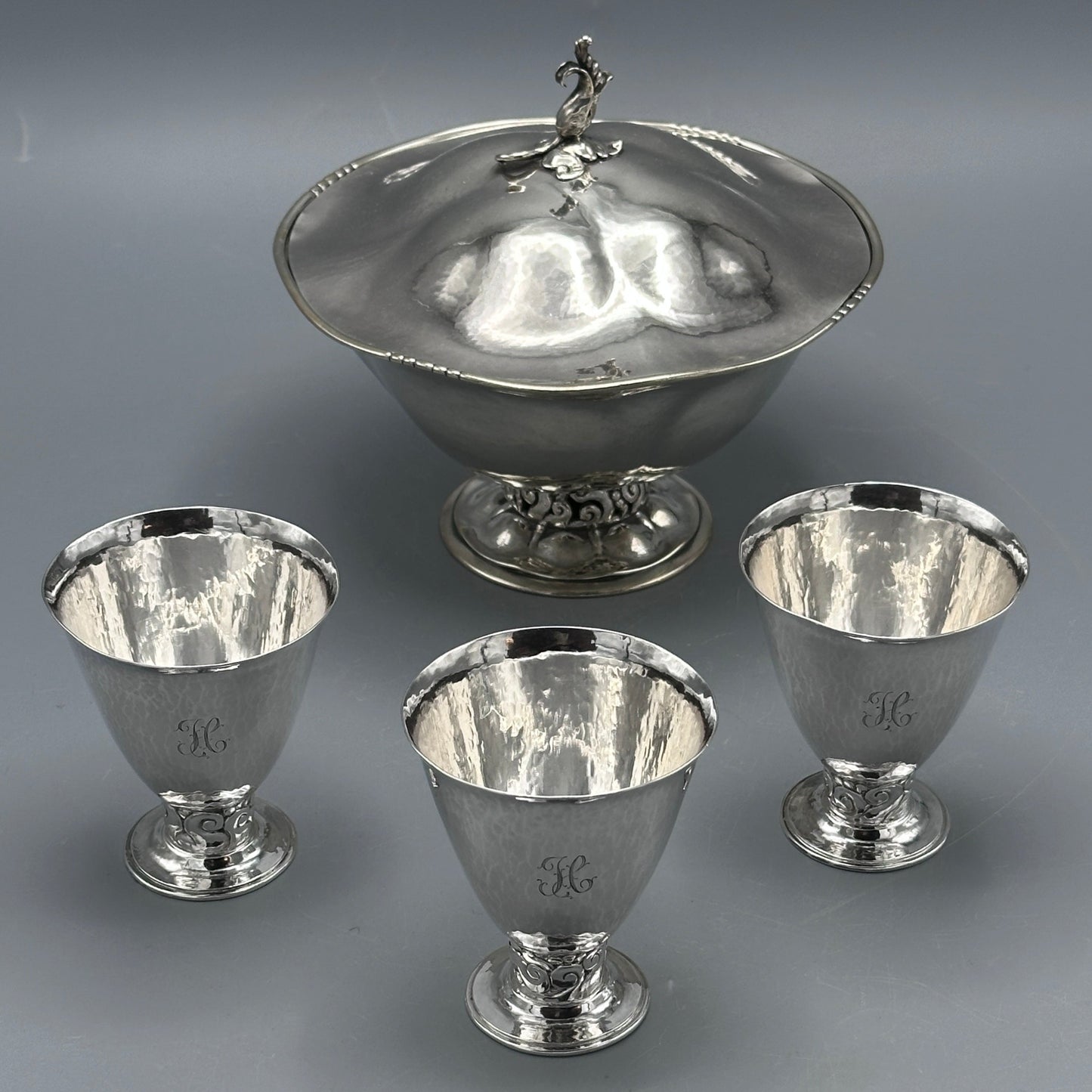 Estate Sterling Silver Serving Tray with Leaf and Beaded Handles and Eight Stemmed Cups by Peer Smed