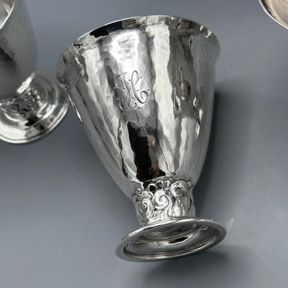 Estate Sterling Silver Serving Tray with Leaf and Beaded Handles and Eight Stemmed Cups by Peer Smed