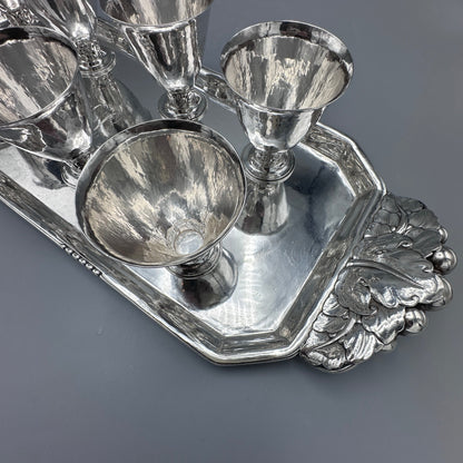 Estate Sterling Silver Serving Tray with Leaf and Beaded Handles and Eight Stemmed Cups by Peer Smed