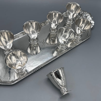 Estate Sterling Silver Serving Tray with Leaf and Beaded Handles and Eight Stemmed Cups by Peer Smed