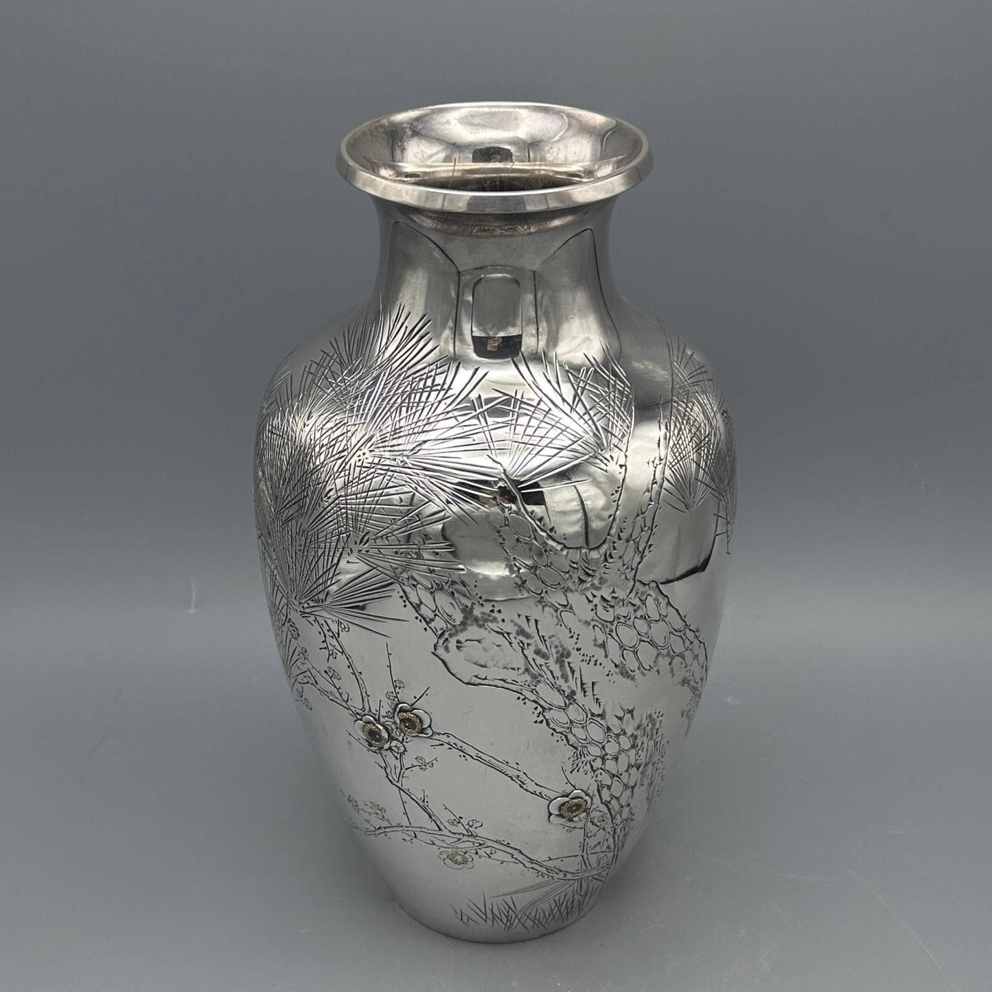 Estate Sterling Silver Japanese Vase with Engraved Brass Motif