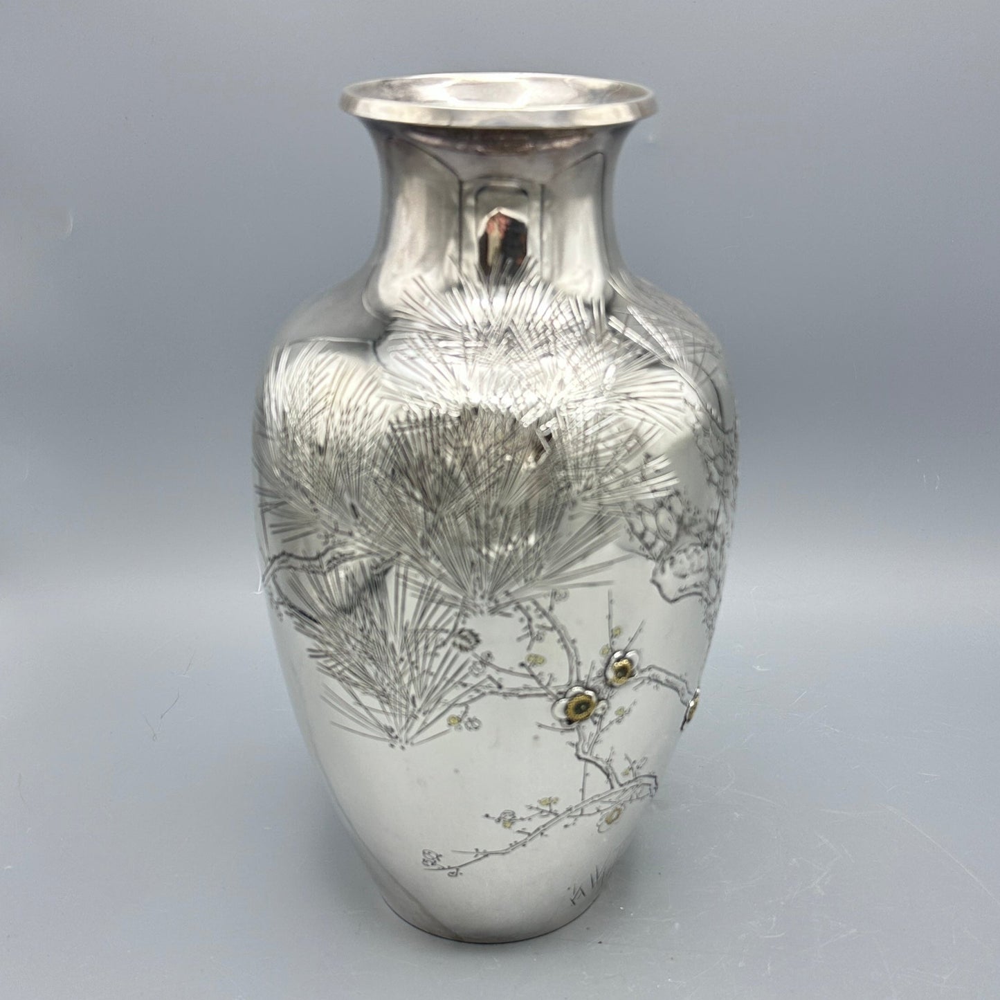 Estate Sterling Silver Japanese Vase with Engraved Brass Motif