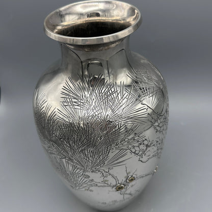 Estate Sterling Silver Japanese Vase with Engraved Brass Motif