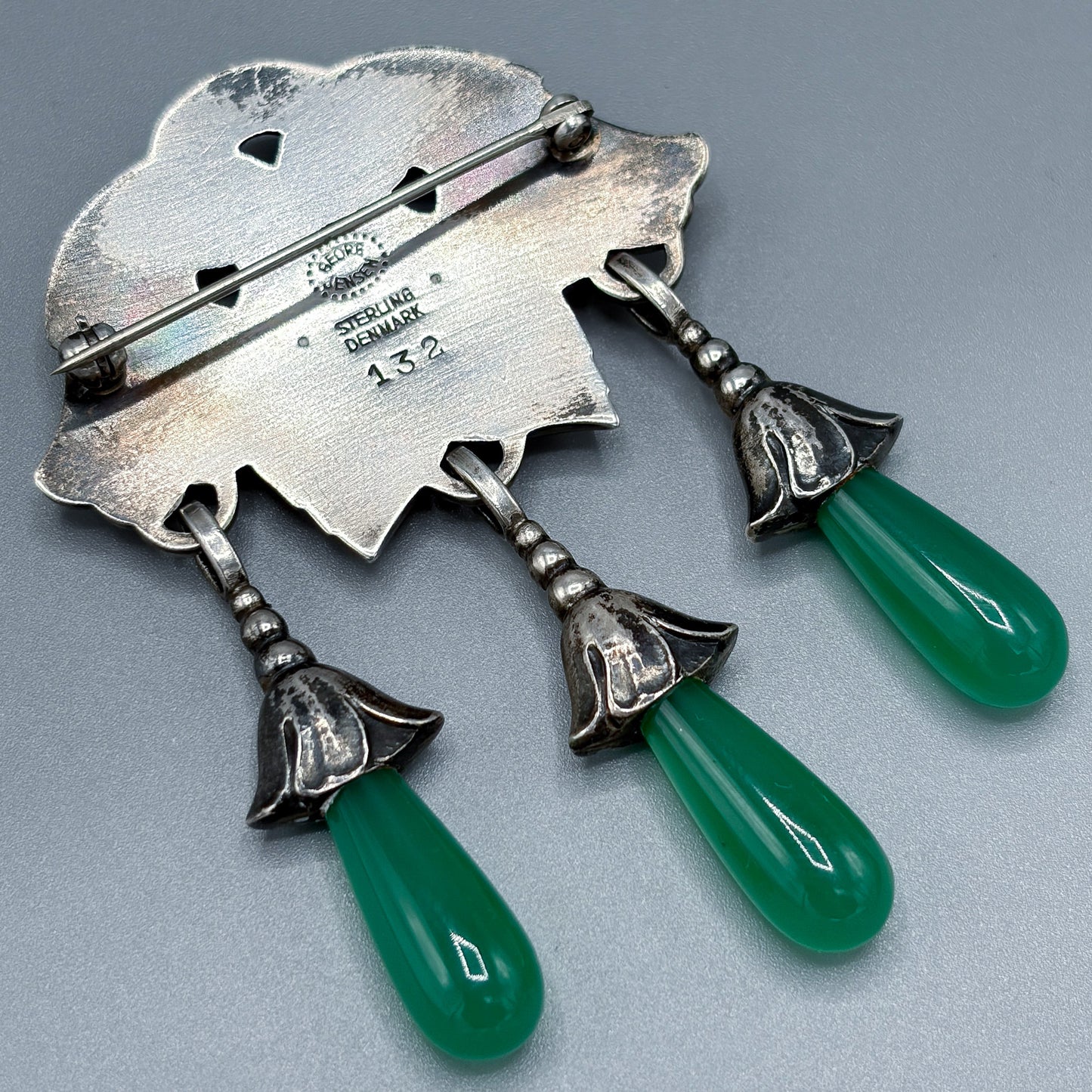 Estate Georg Jensen Art Nouveau Brooch with Green Onyx Drops no. 132
