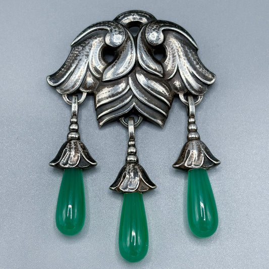 Estate Georg Jensen Art Nouveau Brooch with Green Onyx Drops no. 132
